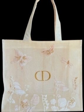 Dior Mesh Cream Embroidered Floral & Butterfly Tote W/Sm Dior Makeup Bag. NWOT